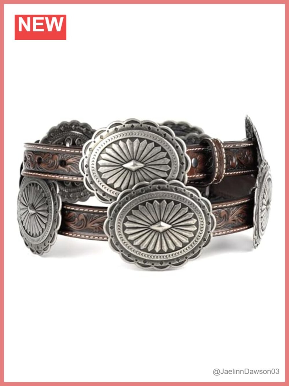 Genuine Leather Tooled Belt with Silver Oval Concho Western Style